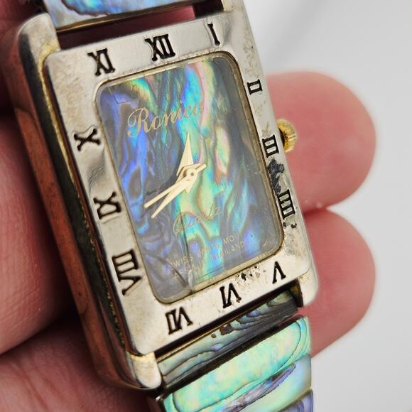 Ronica Gold Tone Rectangle Abalone Shell Face Roman Numeral Artsy Maximalist - Picture 3 of 8